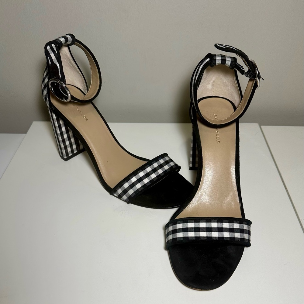 Ann Taylor Block Heel Gingham Ankle Strap Shoes Black White Size 6.5